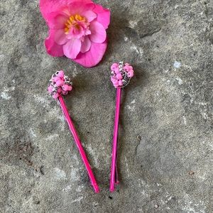Artisan Hot Pink Hairpins Hand Decorated With Wired Pink & Silver Beads
